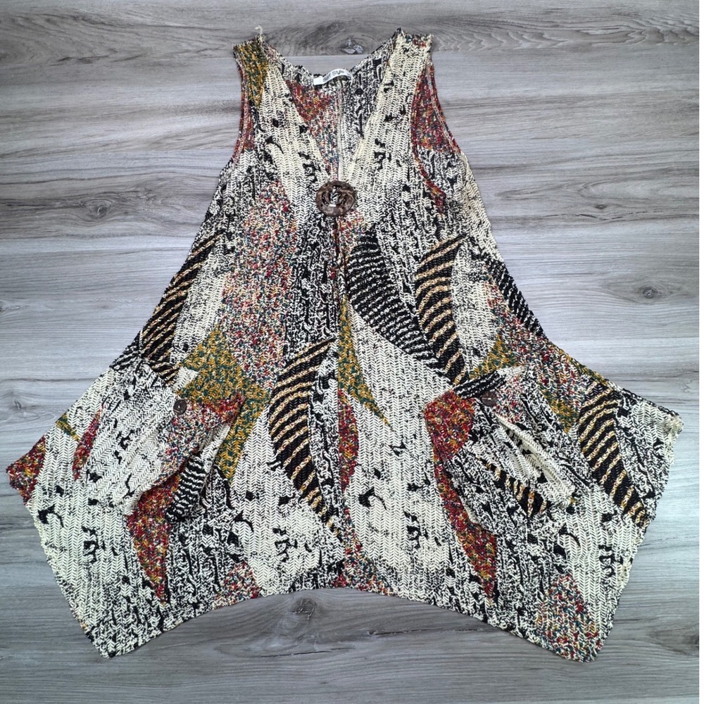 Surf Style Womens Multi Color Abstract Open Knit Sharkbite Tunic Top ML